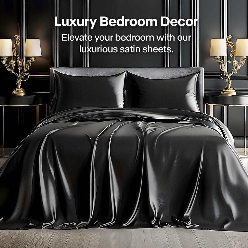 Bedelite Satin Sheets Full Size Bed Set, Luxury Soft Black Silky Sheets for Hair and Skin, Similar to Silk Bed Sheets Set 4 Pieces with 1 D…