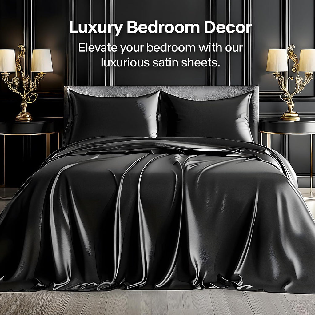 Bedelite California King Sheets Set, Luxury Soft Black Satin Sheets for Hair and Skin, Similar to Silk Bed Sheets Set 4 Pieces with 1 Deep…