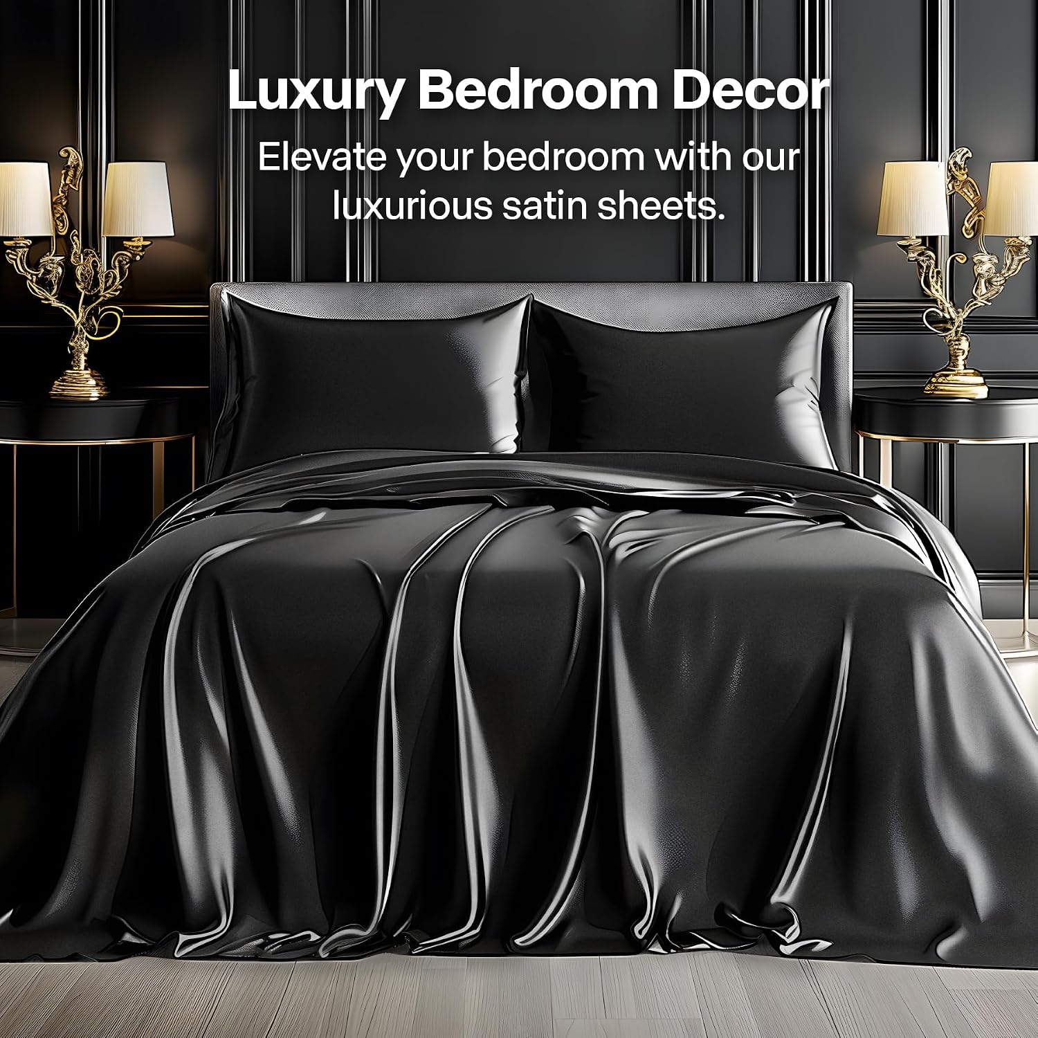 Bedelite California King Sheets Set, Luxury Soft Black Satin Sheets for Hair and Skin, Similar to Silk Bed Sheets Set 4 Pieces with 1 Deep…