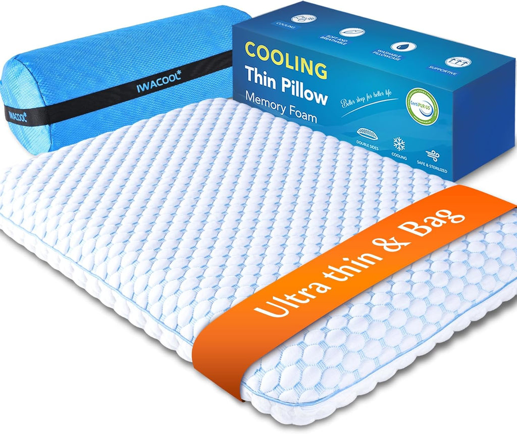 Iwacool Stomach Sleeping Pillow for Stomach & Back Sleepers, Cooling Gel Thin Memory Foam Pillows for Back Shoulder Neck - Low Profile Ultra…
