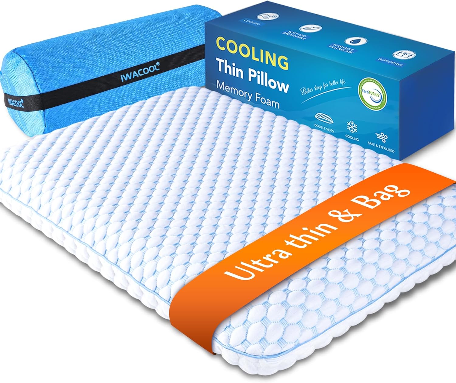 Iwacool Stomach Sleeping Pillow for Stomach & Back Sleepers, Cooling Gel Thin Memory Foam Pillows for Back Shoulder Neck - Low Profile Ultra…