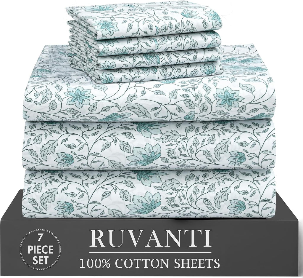 Ruvanti 100% Cotton Percale Sheets Split King Size 7 Piece Set, Cooling Bed Sheets for Hot Sleepers, Deep Pocket 16”, Breathable Lightweigh…