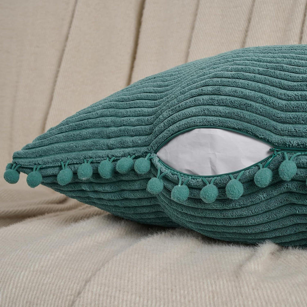 Fancy Homi 1 Pack Teal Long Lumbar Body Decorative Throw Pillow Covers 14x36 Inch with Pom-poms for Couch Sofa Bed, Farmhouse Boho Rustic…