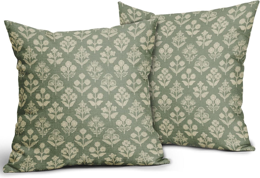Sage Green Floral Pillow Covers 22x22 Inch Set of 2, Vintage Flower Block Print Pattern Decorative Throw Pillowcases Outdoor Farmhouse…
