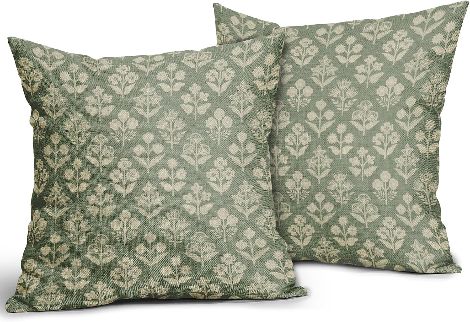 Sage Green Floral Block Print Pillow Covers 18x18 Inch Set of 2, Vintage Flower Pattern Decorative Throw Pillowcases Outdoor Farmhouse…