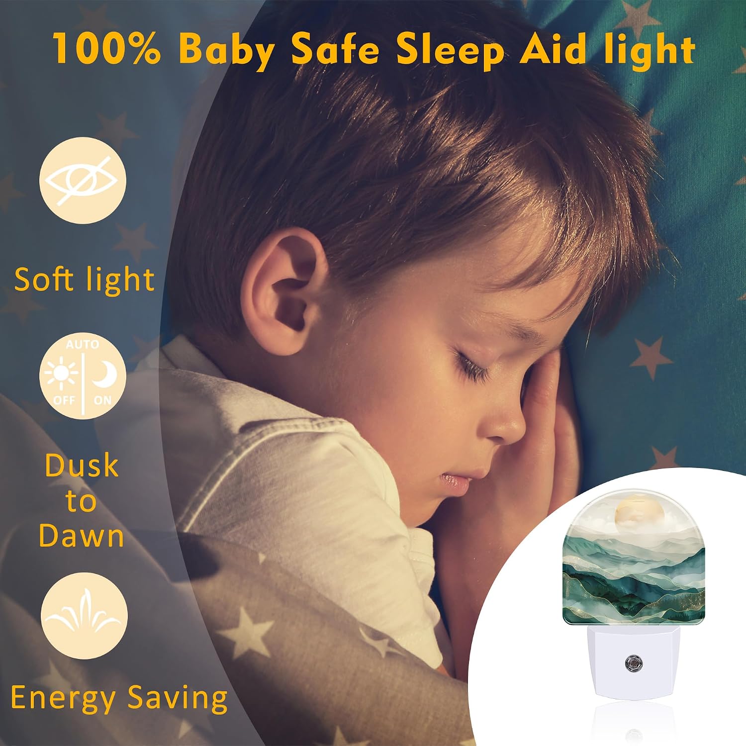 Golden Mountains with Sun Night Light for Kids, Watercolor Sunrise Mountain Night Light Plug in with Dusk to Dawn Sensor,0.5w Energy…