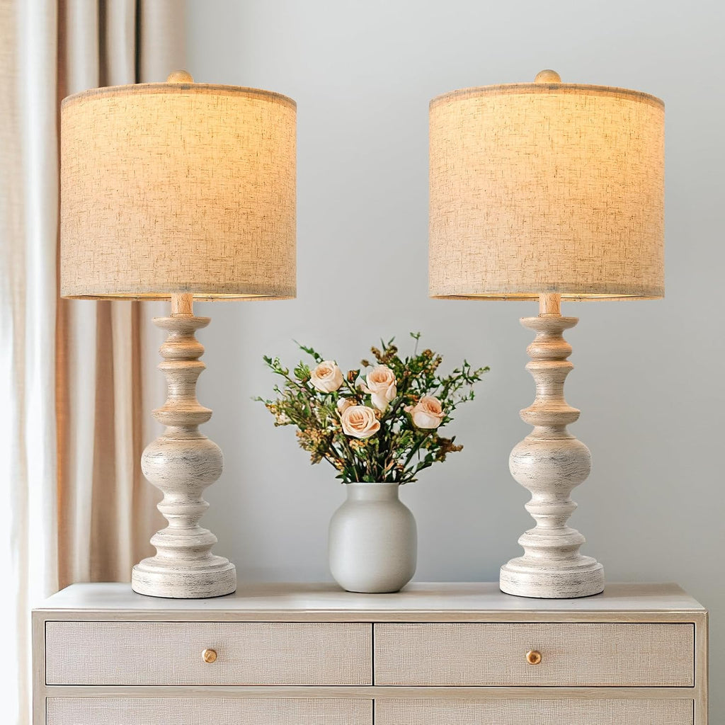 BOBOMOMO 24" Farmhouse Resin Table Lamp Set of 2, Vintage Lamps for Living Room Bedroom with Linen Shades, Traditional Rustic Bedside…