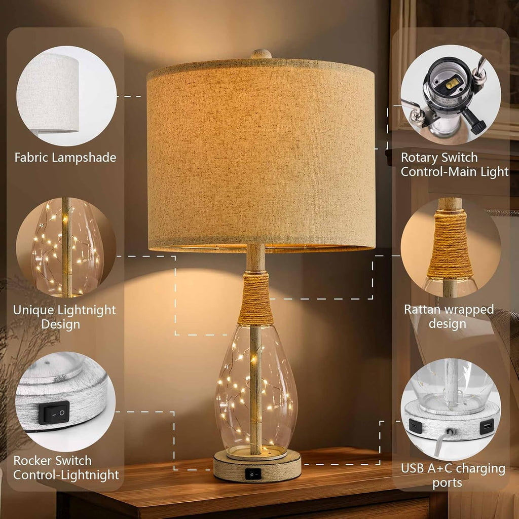 OYEARS 23" USB A+C Table Lamp for Bedroom Living Room Modern Bedside Lamps Retro Farmhouse Rattan Glass Nightstand Nightlight Lamps…