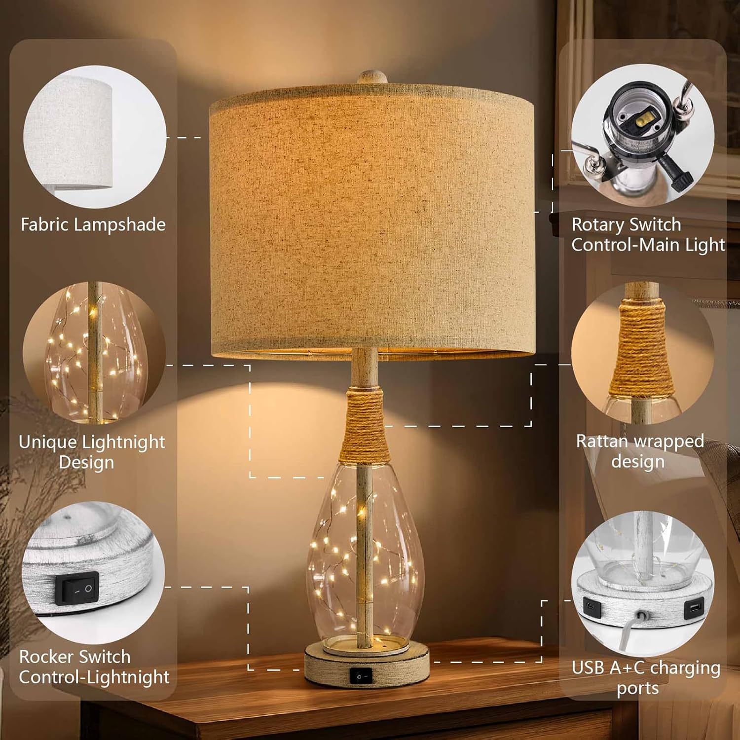 OYEARS 23" USB A+C Table Lamp for Bedroom Living Room Modern Bedside Lamps Retro Farmhouse Rattan Glass Nightstand Nightlight Lamps…