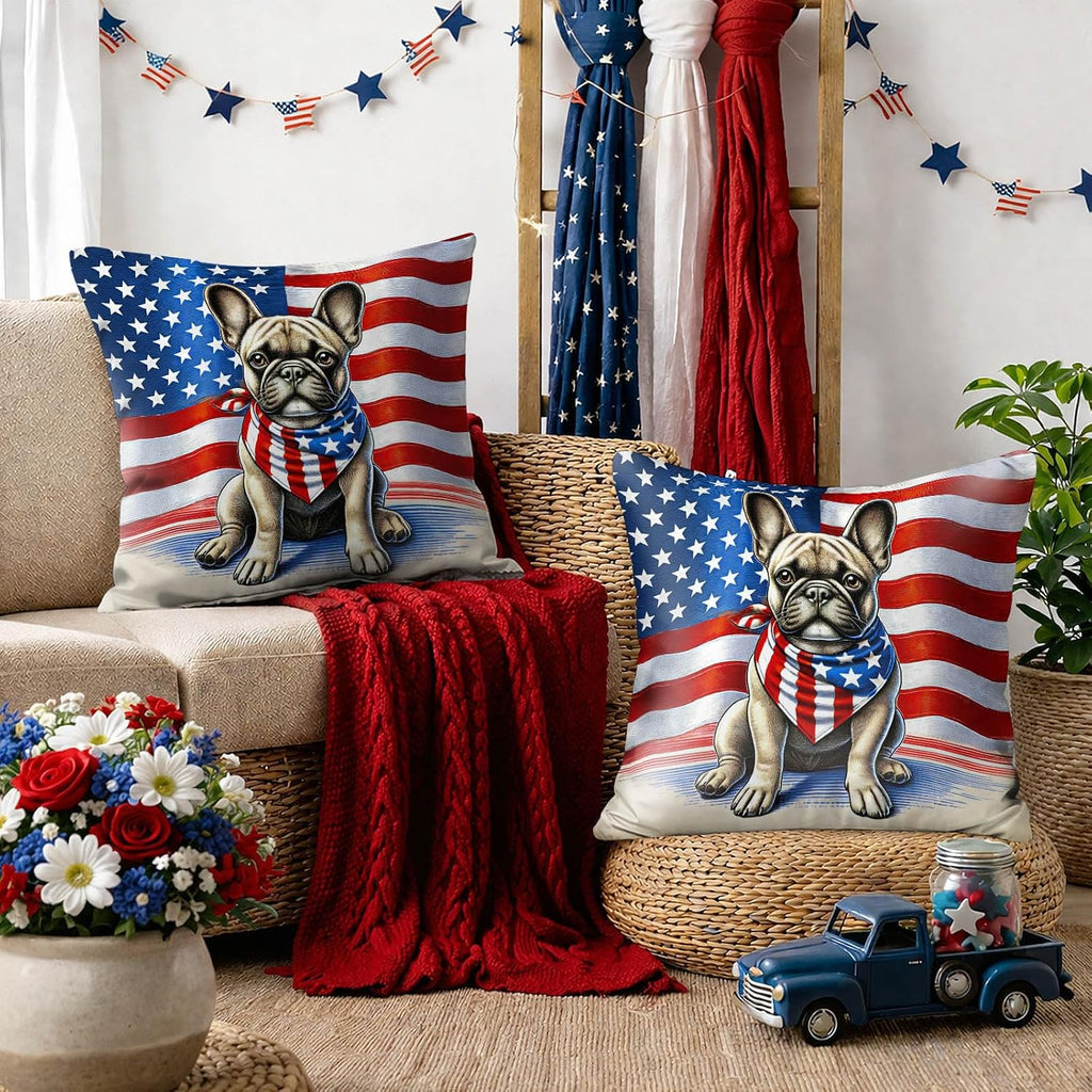 BlissYard Patriotic Dog Throw Pillow Covers 18x18 Set of 2 American Flag Bulldog Pillow Covers 4th of July Independence Day Decorations…
