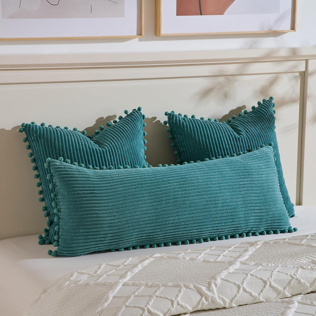 Fancy Homi 1 Pack Teal Long Lumbar Body Decorative Throw Pillow Covers 14x36 Inch with Pom-poms for Couch Sofa Bed, Farmhouse Boho Rustic…