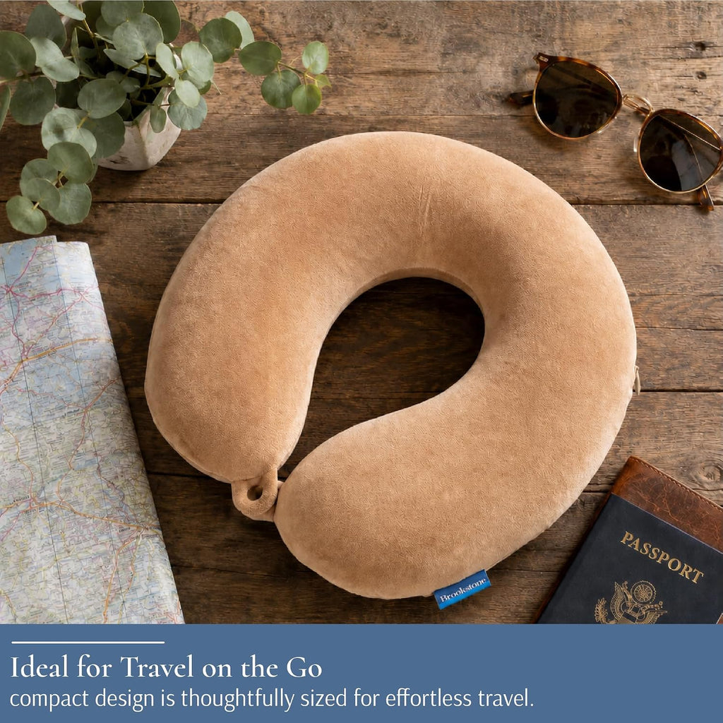 Brookstone Travel Neck Pillow - Lightweight U-Shaped Memory Foam Travel Pillow for Airplane, Car Travels & Sleeping, Khaki