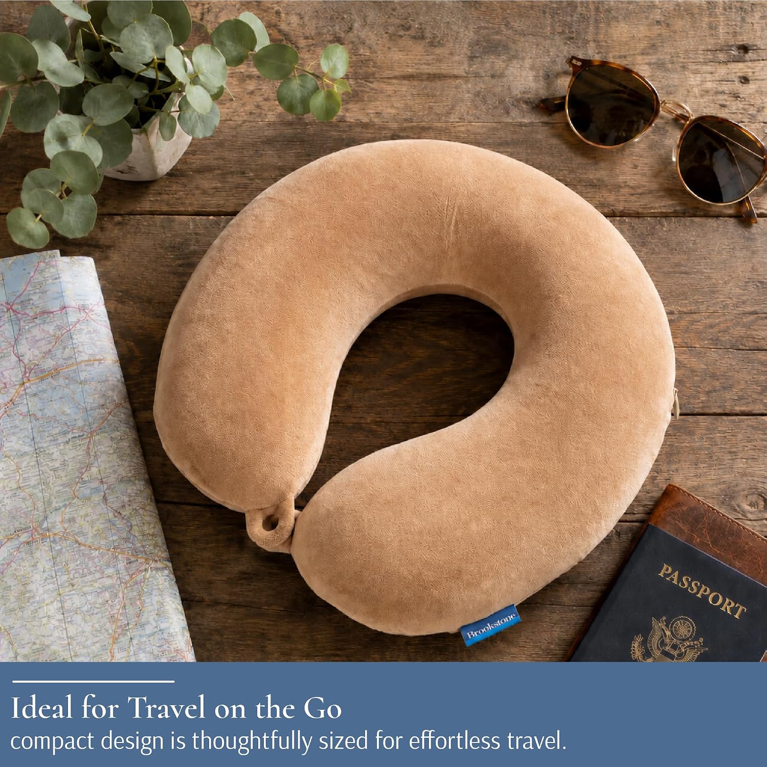 Brookstone Travel Neck Pillow - Lightweight U-Shaped Memory Foam Travel Pillow for Airplane, Car Travels & Sleeping, Khaki