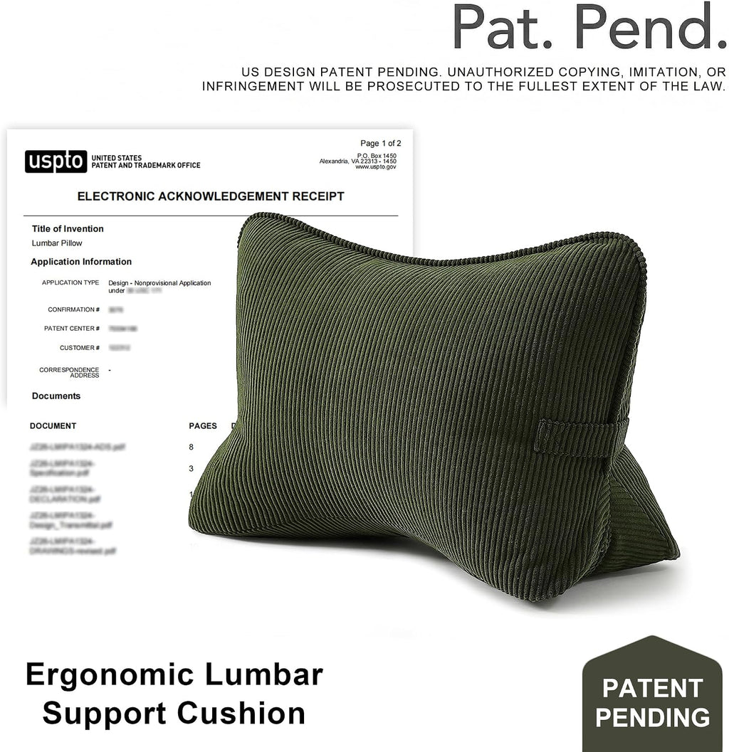 Pat. Pend. Corduroy Ergonomic Lumbar Support Pillow for Sitting Support, Triangle Back Cushion for Sofa, Armchair & Bed, Washable Cover…