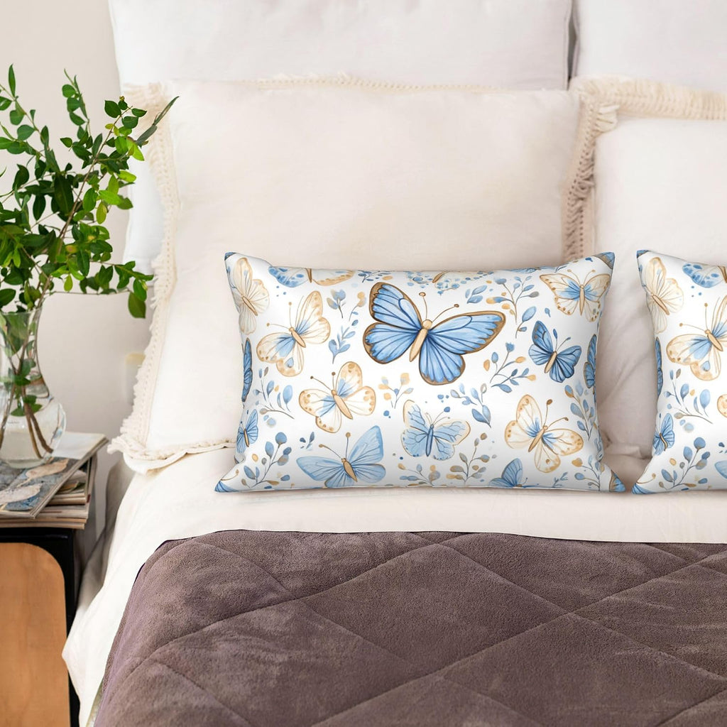 Satin Pillowcase for Hair and Skin Vintage Blue and Beige Butterfly Super Soft and Cooling Similar to Silk Pillow Case 1 Pack with Hidden…