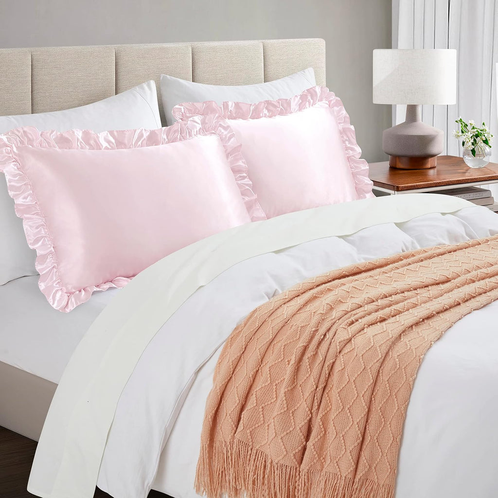 HommxJF Blush Pink Satin Ruffled Pillow Cases for Hair and Skin, Blush Pink Silk Pillowcases Standard Set of 2 with Envelope Closure Princes…