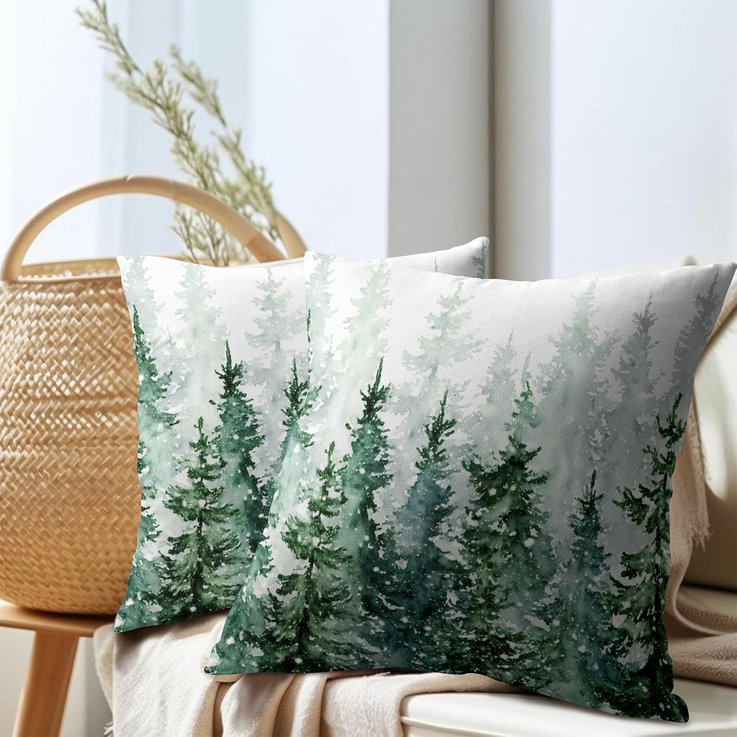 Granbey Winter Forest Pillow Covers 16x16 Inch 2Pcs Watercolor Green Misty Pine Tree Nature Landscape Throw Pillows Cover Mountain Square C…