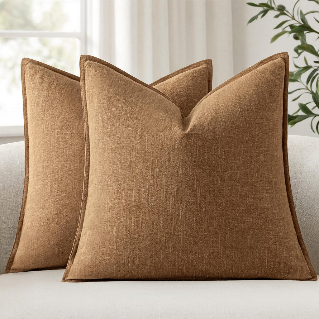 Anroduo Pack of 2 Decorative Linen Pillow Covers Brown Euro Sham Neutral Farmhouse Boho Soild Cushion Case Soft Accent Pillowcase for Couch…