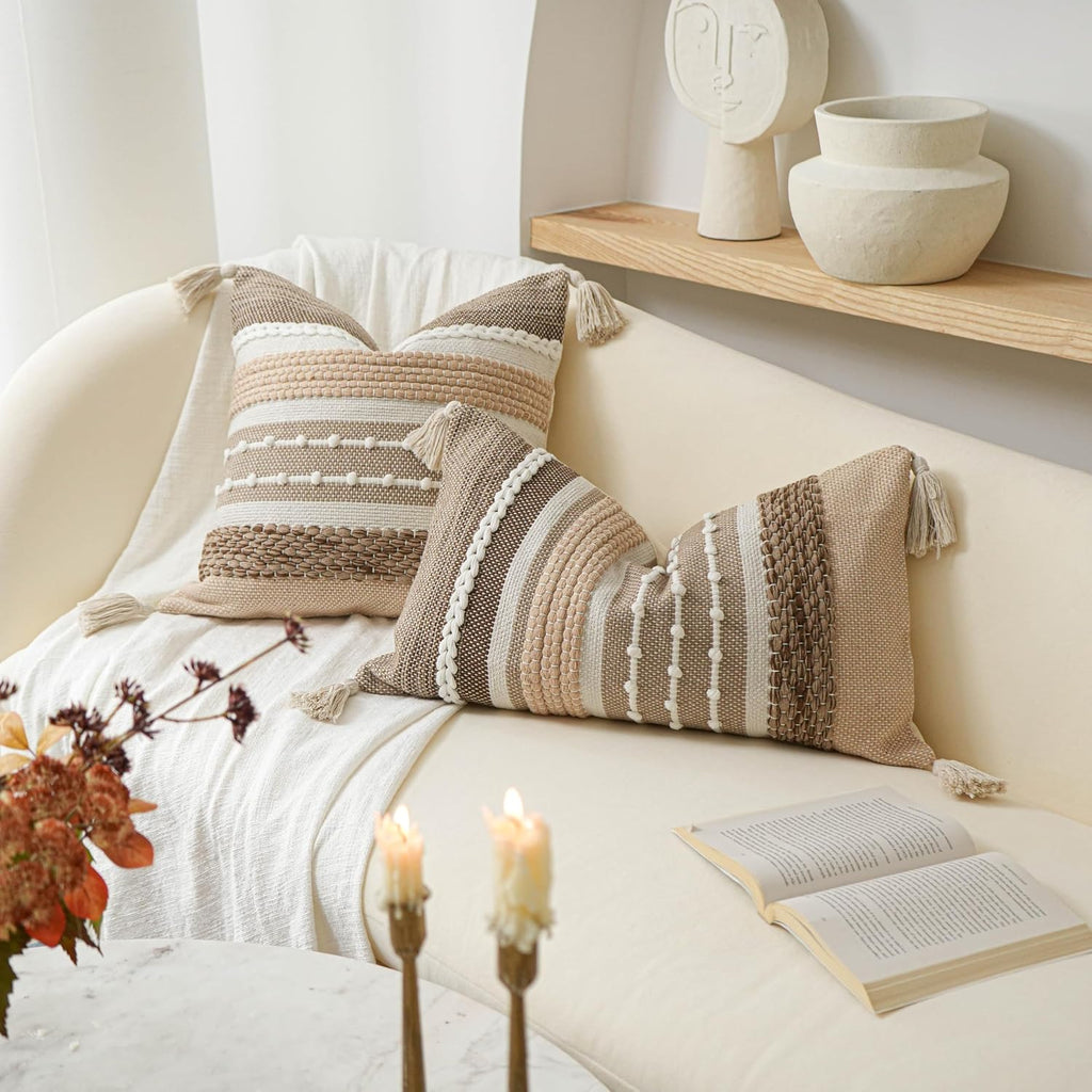 BlissBlush Brown Decorative Throw Pillow Cover 20x20 Square Boho Accent Pillowcase Tassels Farmhouse Cushion for Couch Sofa Bedroom…