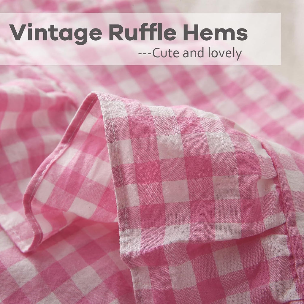 Kmasaniji 2 Pack Pink White Plaid Ruffle Gingham Throw Pillow Covers, 100% Washed Cotton Buffalo Checkered Farmhouse Pillow Shams - 18‘’x18…