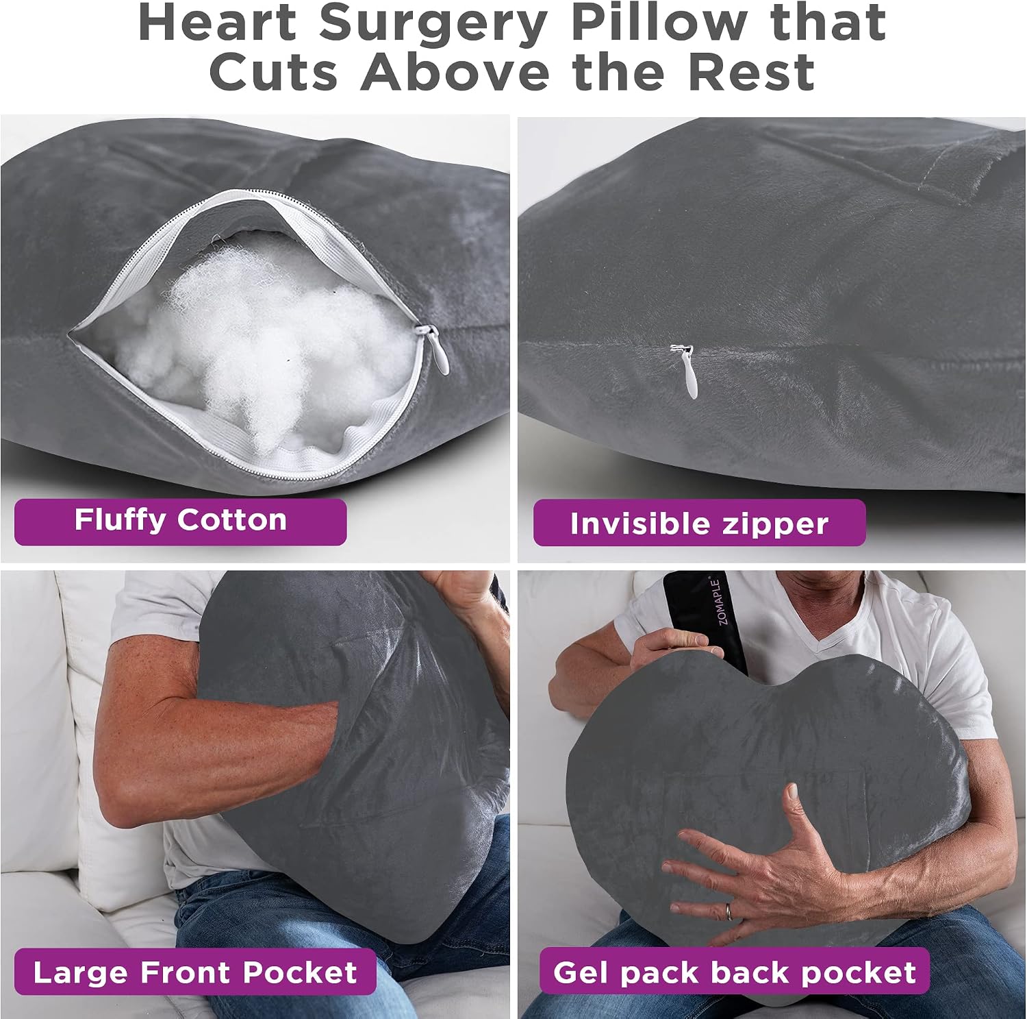 Zomaple Open Heart Surgery Pillow + Gel Pack, Grey – Eases Chest Pressure for Calmer Rides & Rest – Hot/Cold Comfort, Torso Support…