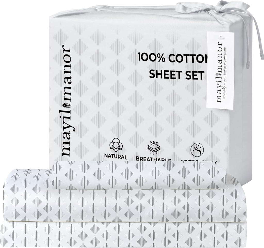 Twin Fitted Sheet with 18" Deep Pockets, Flat Sheet - Percale Weave Natural - Breathable 100% Cotton Bedding, 1 Fitted Sheet + 1 Flat…
