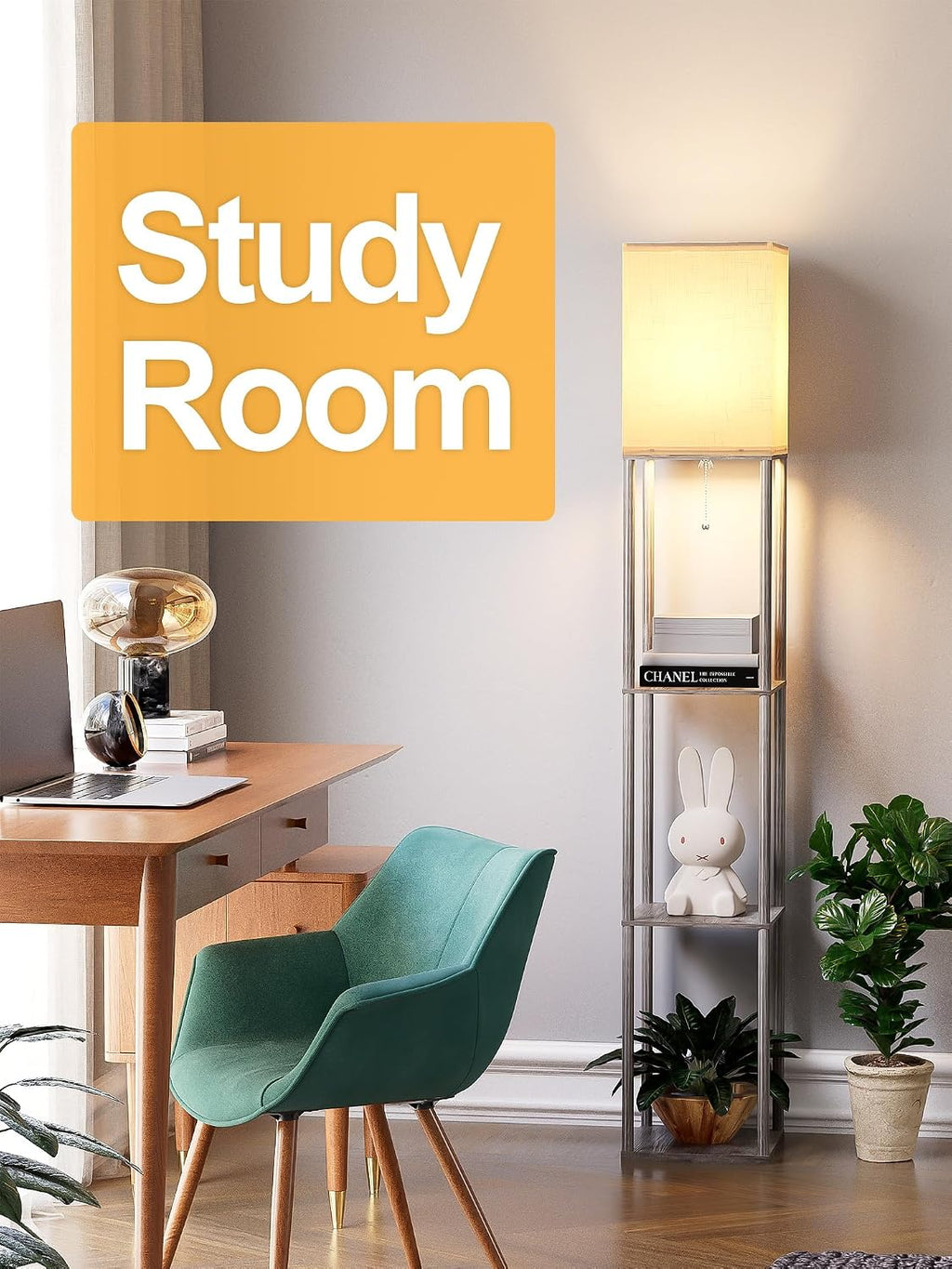 Floor Lamp with Shelves for Living Room Oak Gray, Shelf Floor Lamp with 3 CCT LED Bulb, Corner Display Standing Column Lamp Etagere…