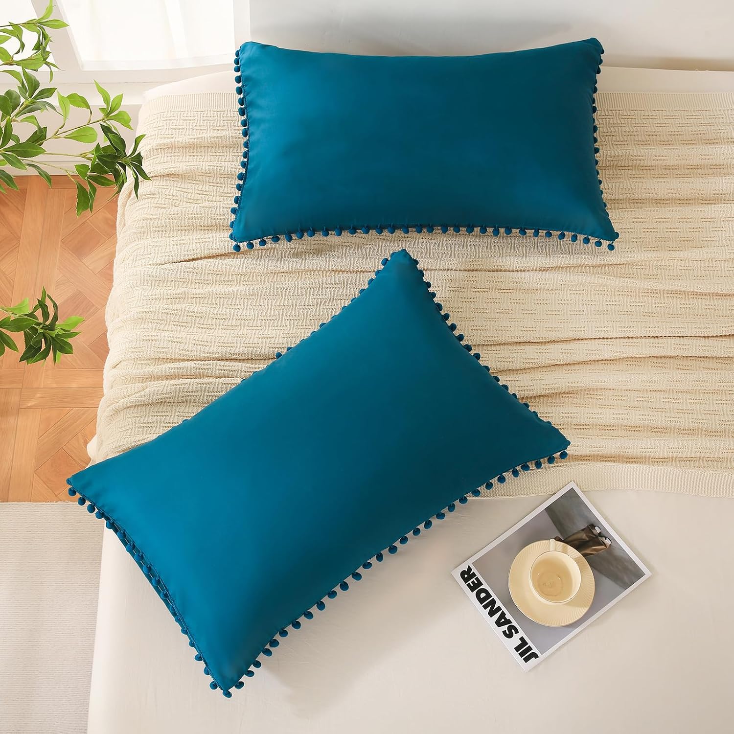 Moveover Move Over Teal Pom Poms Pillowcases, Standard Queen Pillow Cases Set of 2, 100% Washed Microfiber, Teal Blue Ball Fringe Pillow Cov…