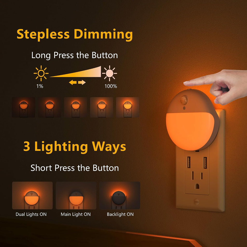 YUNLEX 2 Pack Plug in Sleep Night Light with Motion Sensor and Dusk to Dawn Sensor, 3 Modes, Soft Glow, Stepless Dimming, LED Lights for…