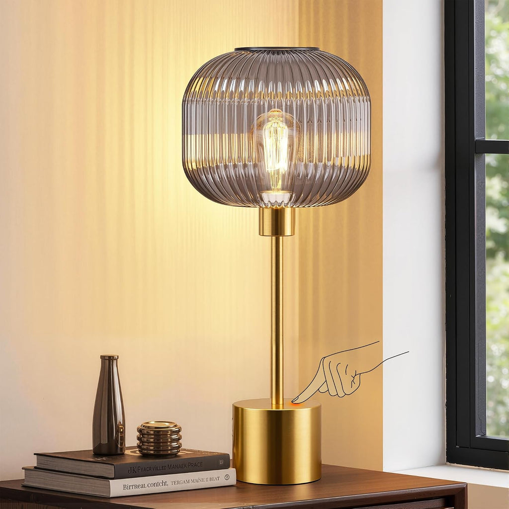 QiMH Glass Table Lamp for Living Room, Modern Bedside Lamp with Grey Ribbed Glass Shade, 3-Way Dimmable Touch Control Nightstand Lamp for…