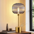 QiMH Glass Table Lamp for Living Room, Modern Bedside Lamp with Grey Ribbed Glass Shade, 3-Way Dimmable Touch Control Nightstand Lamp for…