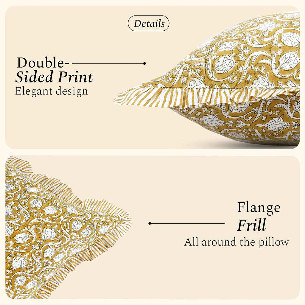 Cottonprintclub CPC Hand Block Print Mustard Regal Ruffle Sham Pillow Cover 20" x 12" inch Hidden Zipper Decorative Pillowcase for Couch, B…