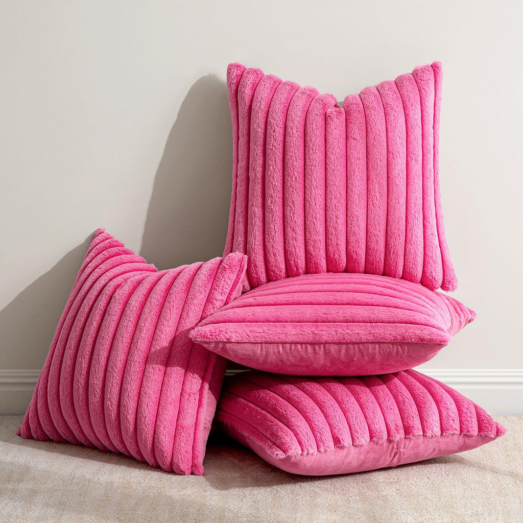 Miulee Faux Fur Plush Decorative Throw Pillow Covers 18x18 Set of 4, Spring Modern Soft Fuzzy Striped Cushion Covers for Sofa Couch Bed Liv…