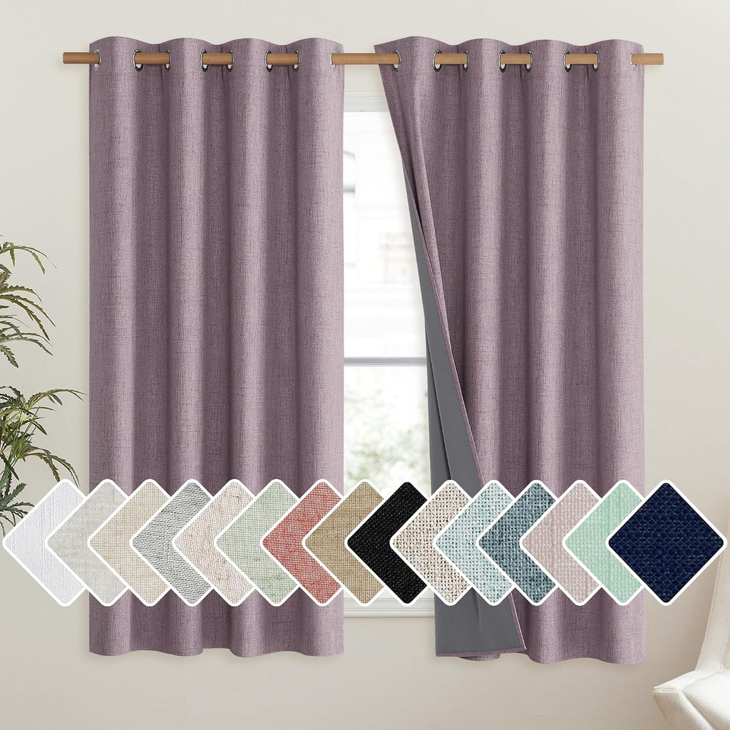 NICETOWN Chaise Mauve Vintage Linen 100% Blackout Curtains for Living Room, Thermal Insulated Curtains 63" Long, Noise Reducing Window…