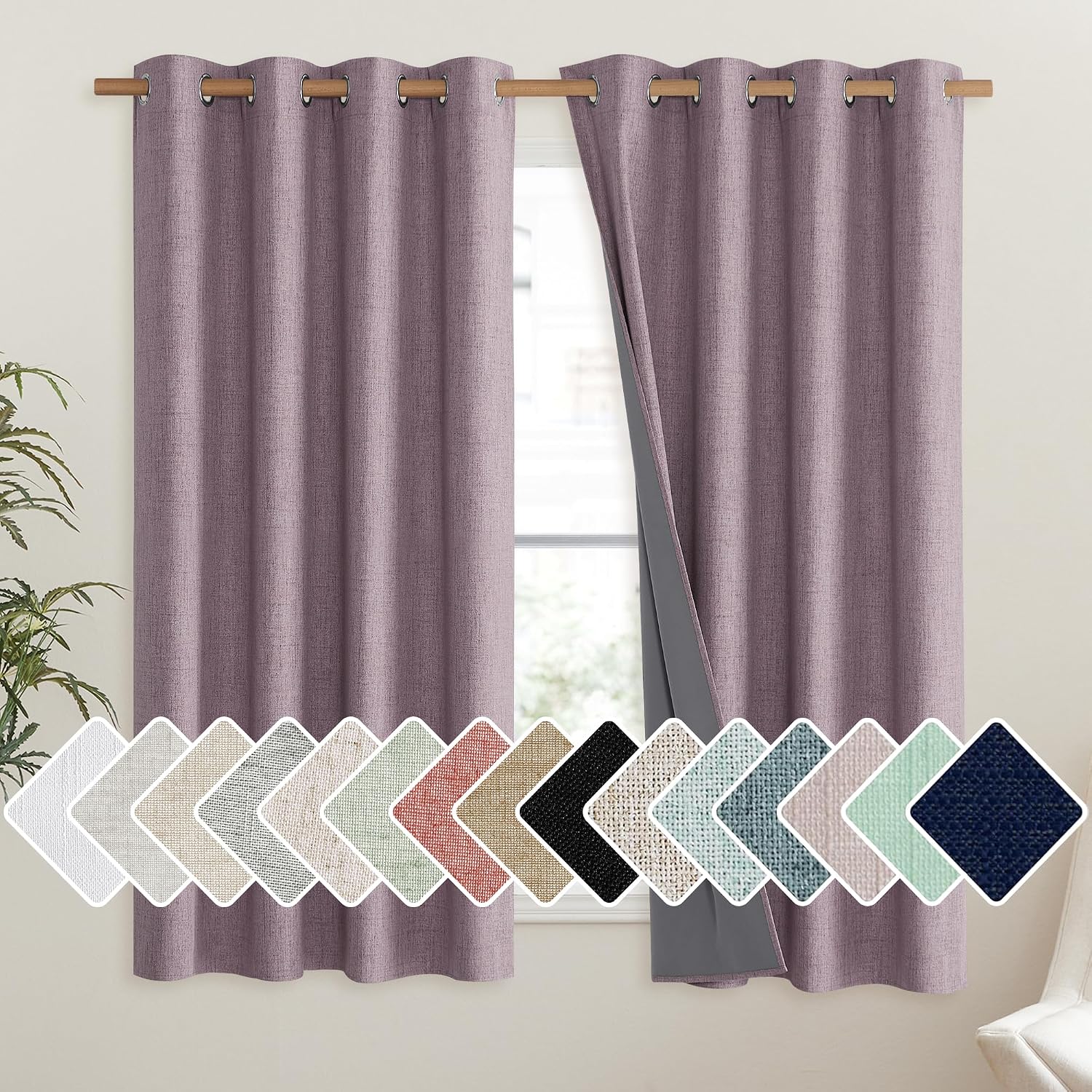 NICETOWN Chaise Mauve Vintage Linen 100% Blackout Curtains for Living Room, Thermal Insulated Curtains 63" Long, Noise Reducing Window…