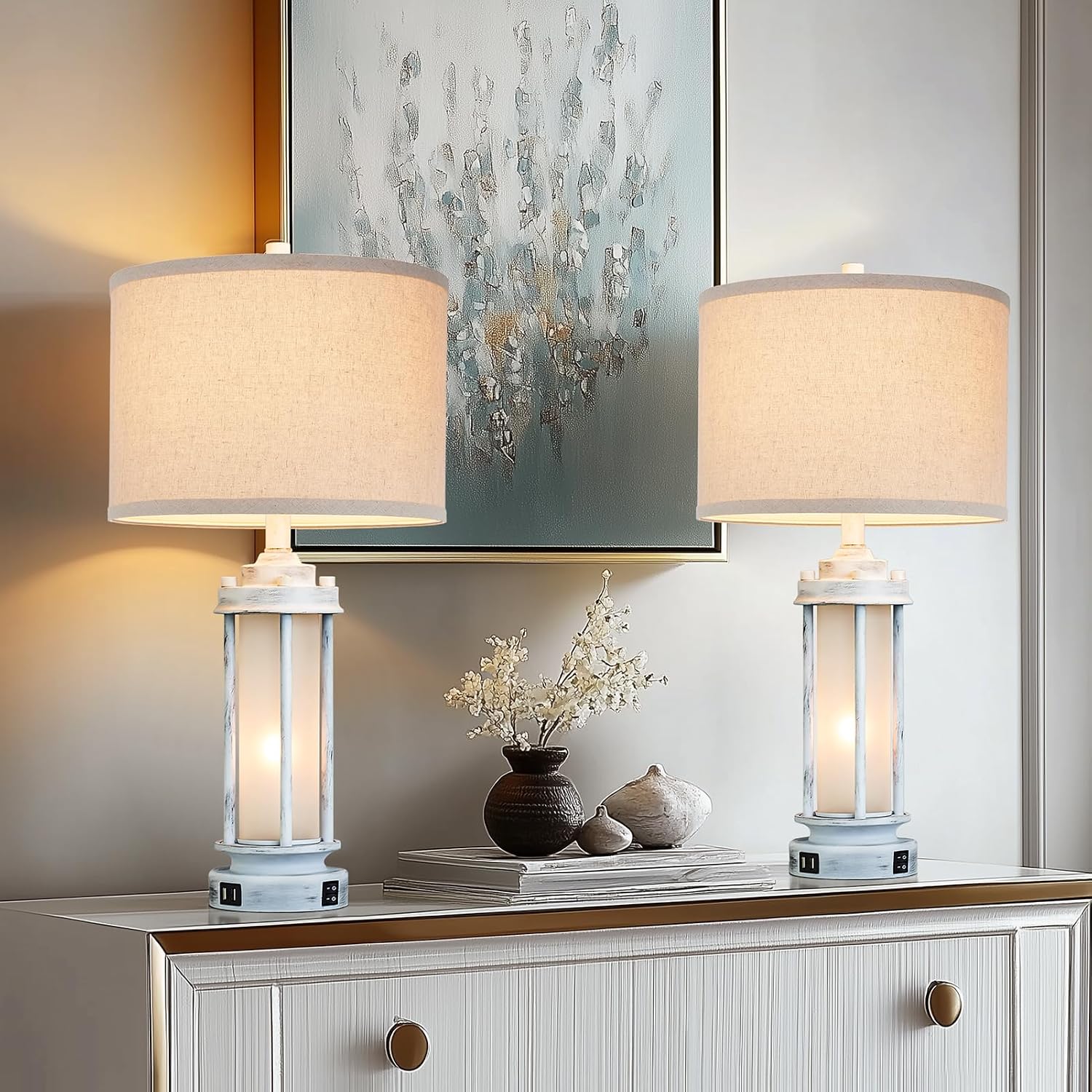 AIEAMPDO 25" Rustic Table Lamps Set of 2, Vintage Nightstand Lamps with 2 USB Ports, Farmhouse Antique White Desk Lamp with Glass Night…