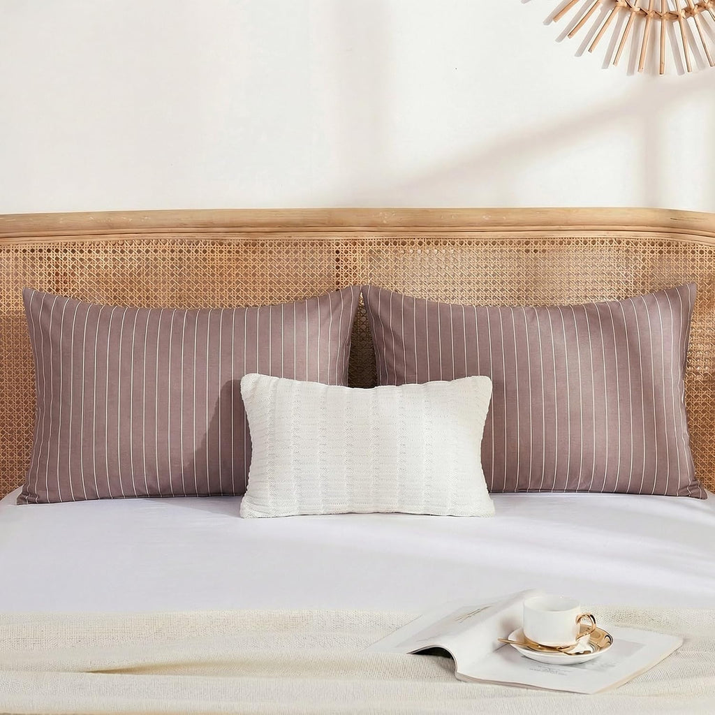 Merryword Brown Striped Pillowcases, 100% Cotton Pillow Cases, Standard Size Pillowcases, Luxury Linen Like Pillowcase, Soft Breathable Pin…