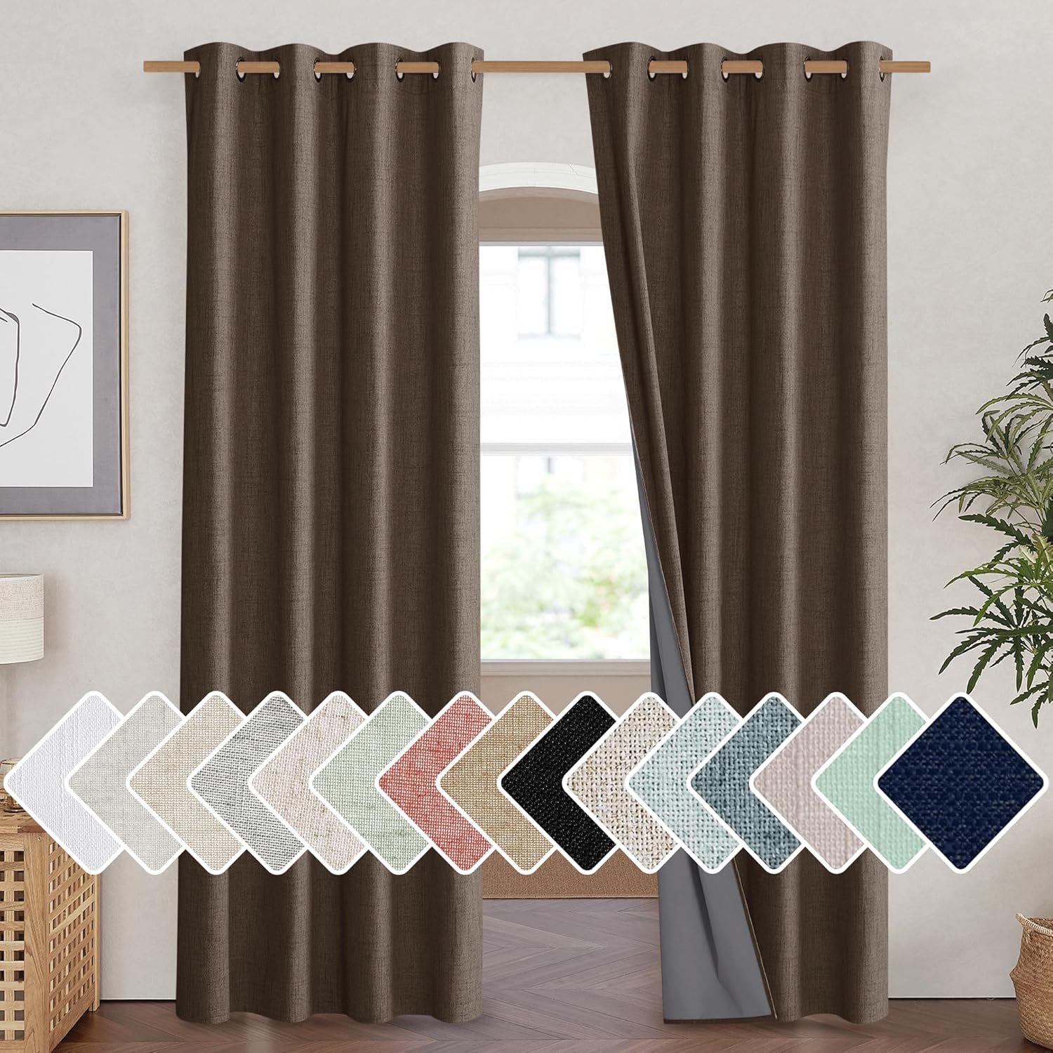 NICETOWN Coffee Vintage Linen 100% Blackout Curtains for Living Room, Thermal Insulated Curtains 84“ Long, Noise Reducing Window…