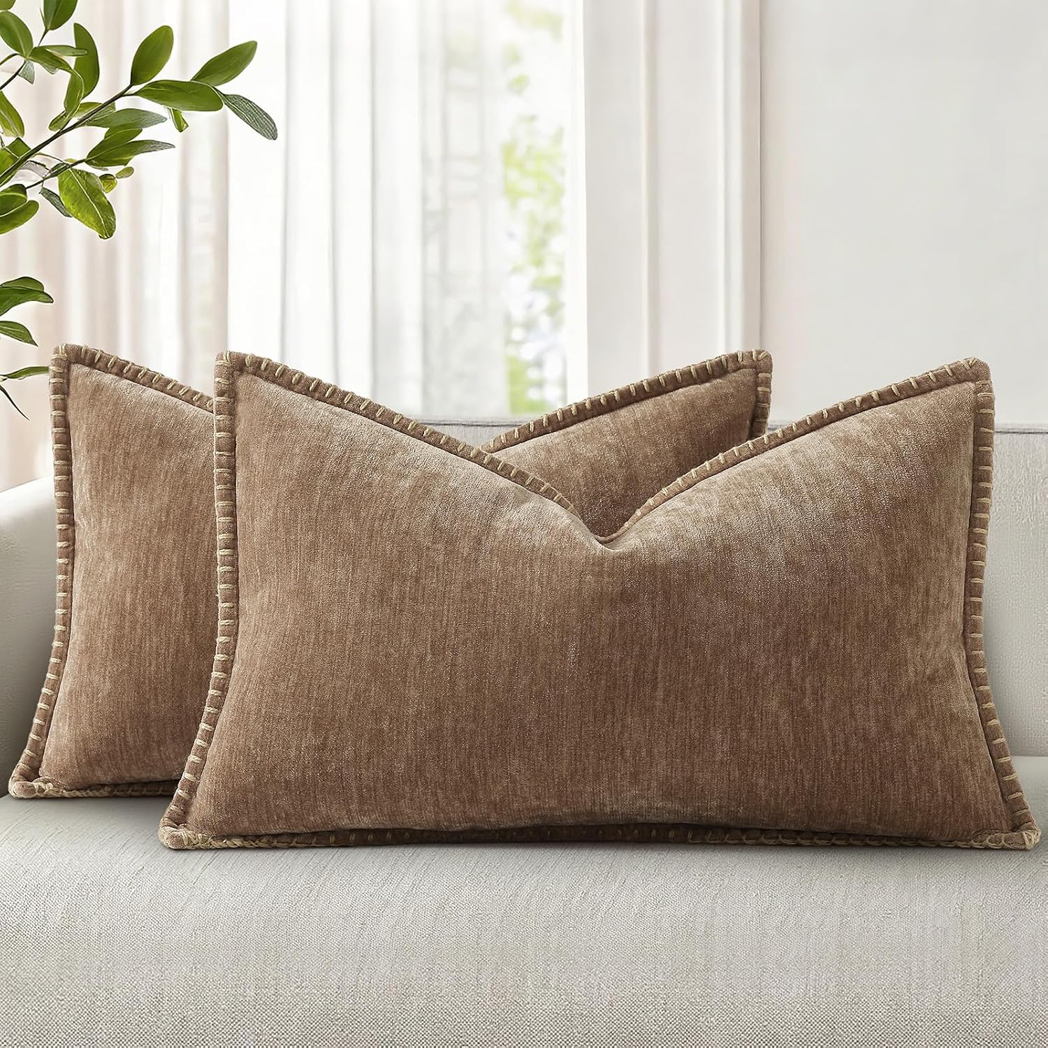 decorUhome Chenille Soft Cozy Throw Pillow Covers 12x20 Set of 2, Modern Farmhouse Boho Velvet Decorative Pillow Cases with Stitched Edge f…