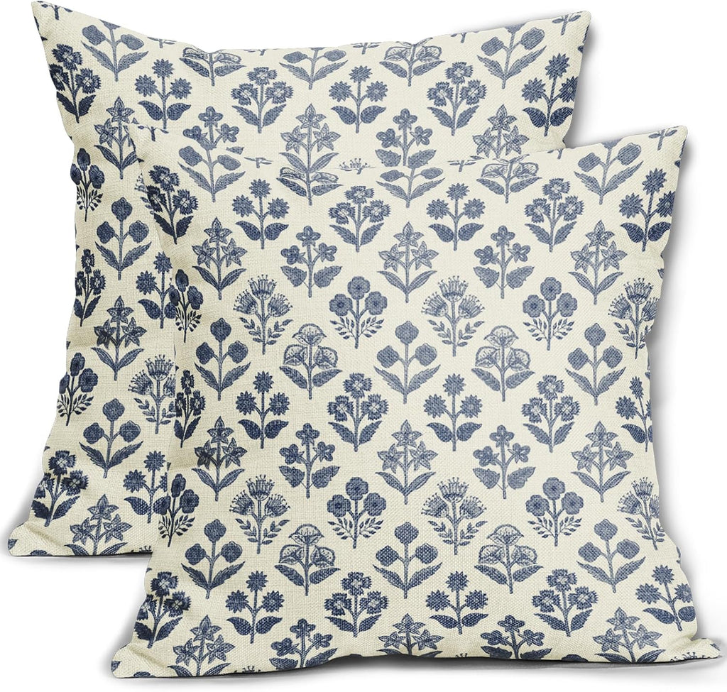 Dark Blue Floral Block Print Pillow Covers 16x16 Inch Set of 2, Vintage Flower Pattern Decorative Throw Pillowcases Outdoor Farmhouse…