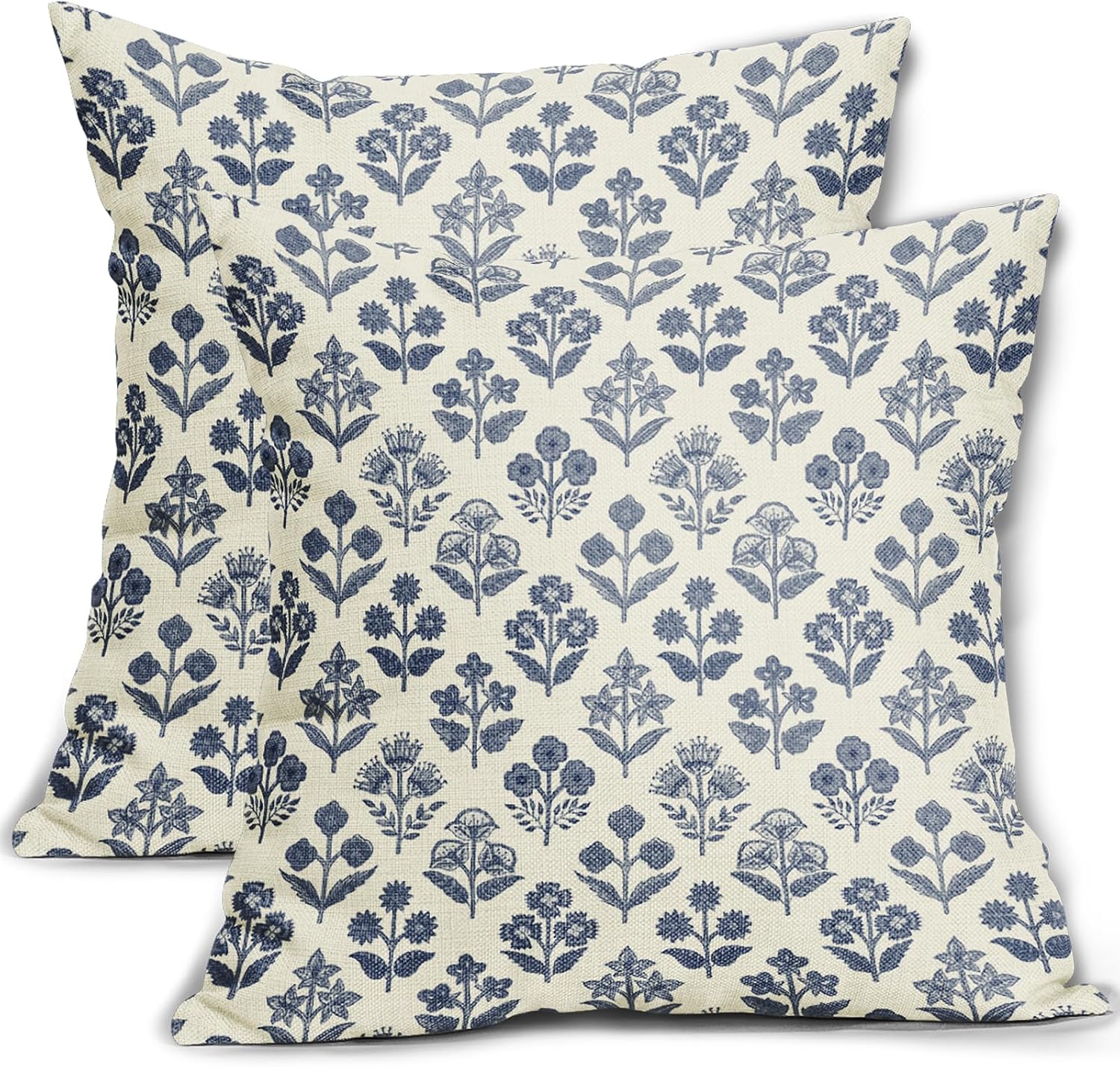 Dark Blue Floral Block Print Pillow Covers 16x16 Inch Set of 2, Vintage Flower Pattern Decorative Throw Pillowcases Outdoor Farmhouse…