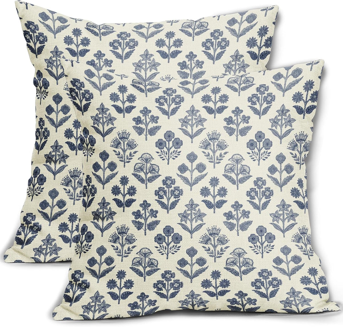Dark Blue Floral Pillow Covers 24x24 Inch Set of 2, Vintage Flower Block Print Pattern Decorative Throw Pillowcases Outdoor Farmhouse…