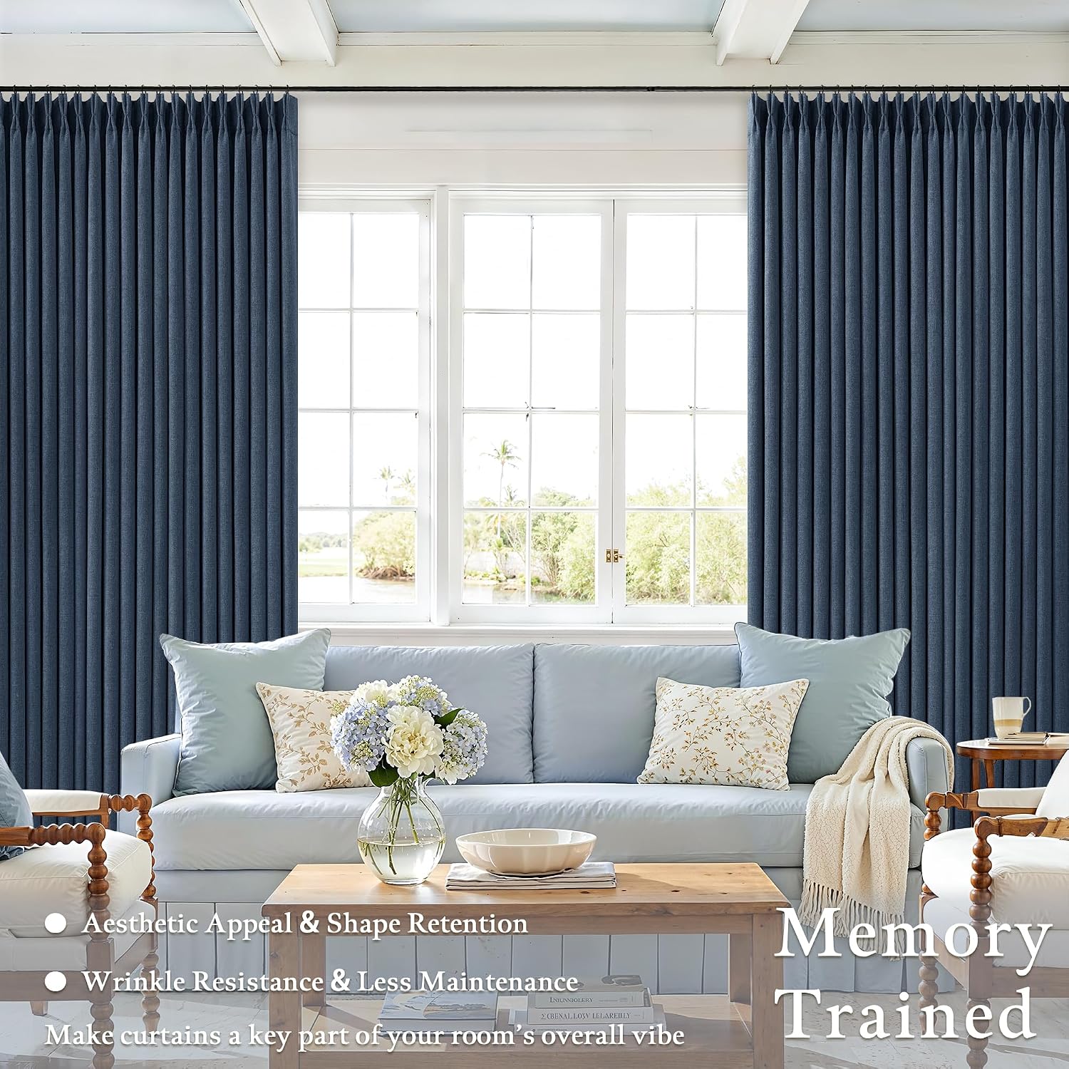 Twodrapes 100 Inch Pinch Pleat Drapes Navy Blue Room Darkening Curtains 100 Inches Long for Bedroom Modern Neutral 100% Blackout Thick Line…
