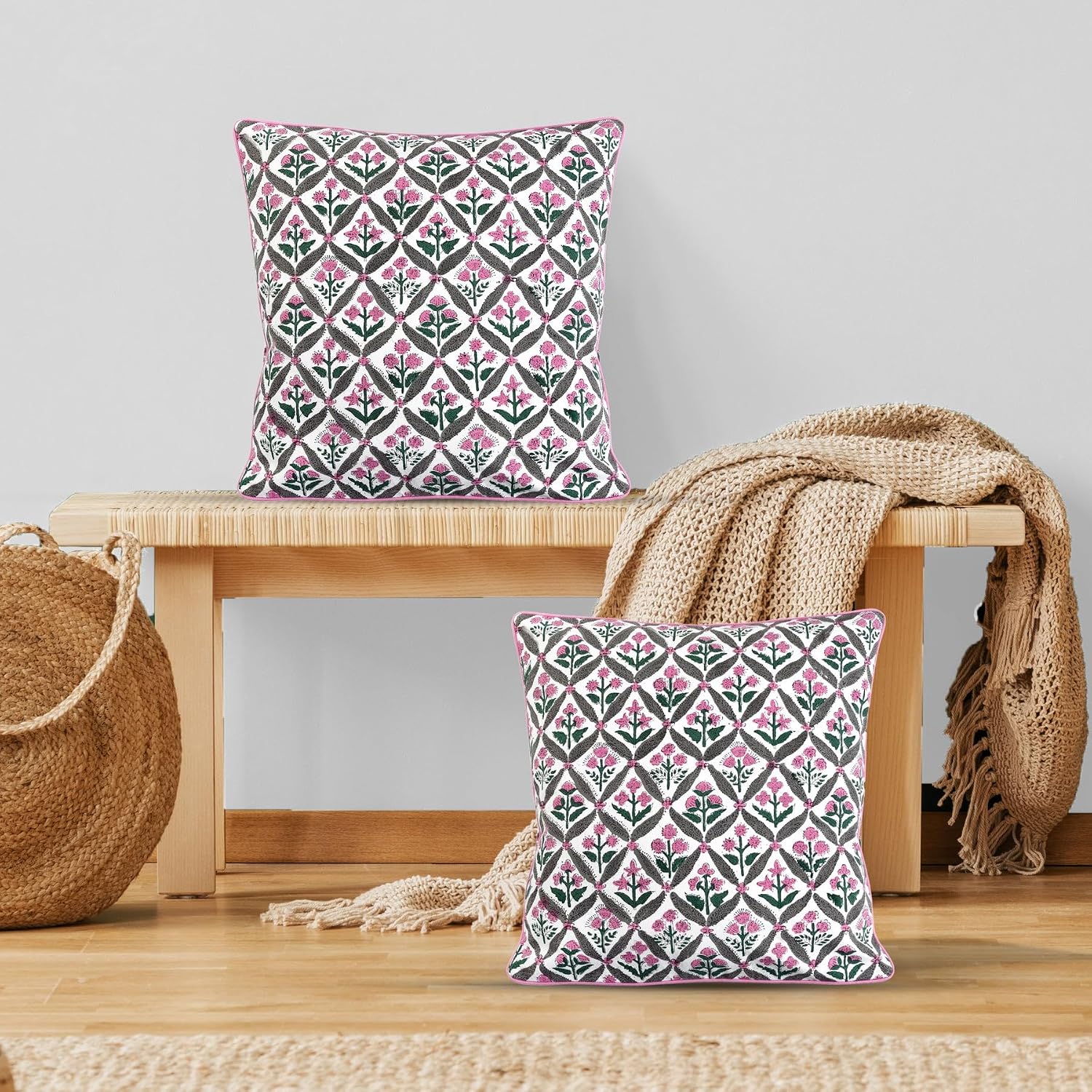 Ridhi Block Print Pink and White Pillow Cover 20" x 20" (Pack of 2) Decorative Couch Pillows for Living Room, Chic Boho Cute Outdoor Pillow…