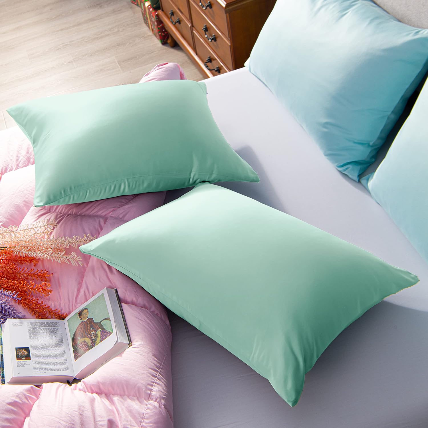 Ntbay Zippered Satin Pillow Cases for Hair and Skin, Luxury Standard Hidden Zipper Pillowcases Set of 2, 20x26 Inches, Cyan 26 Inches