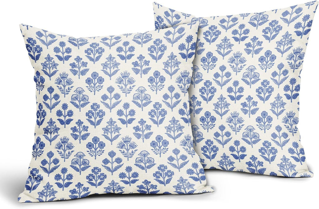 Blue Floral Pillow Covers 24x24 Inch Set of 2, Vintage Flower Block Print Pattern Decorative Throw Pillowcases Outdoor Farmhouse Cushion…