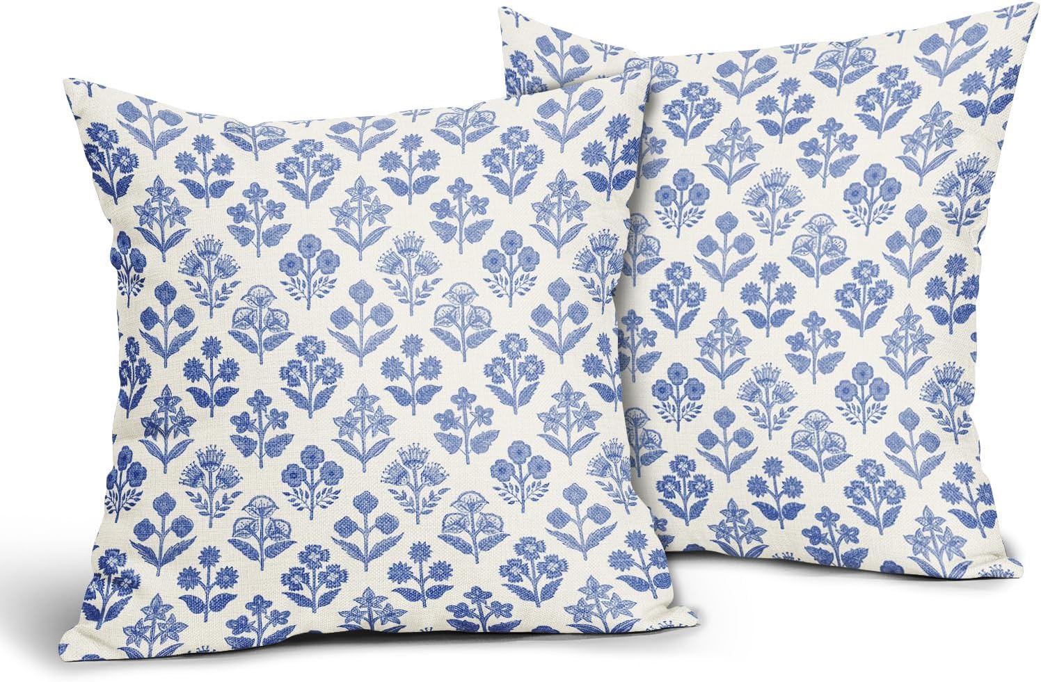 Blue Floral Pillow Covers 24x24 Inch Set of 2, Vintage Flower Block Print Pattern Decorative Throw Pillowcases Outdoor Farmhouse Cushion…