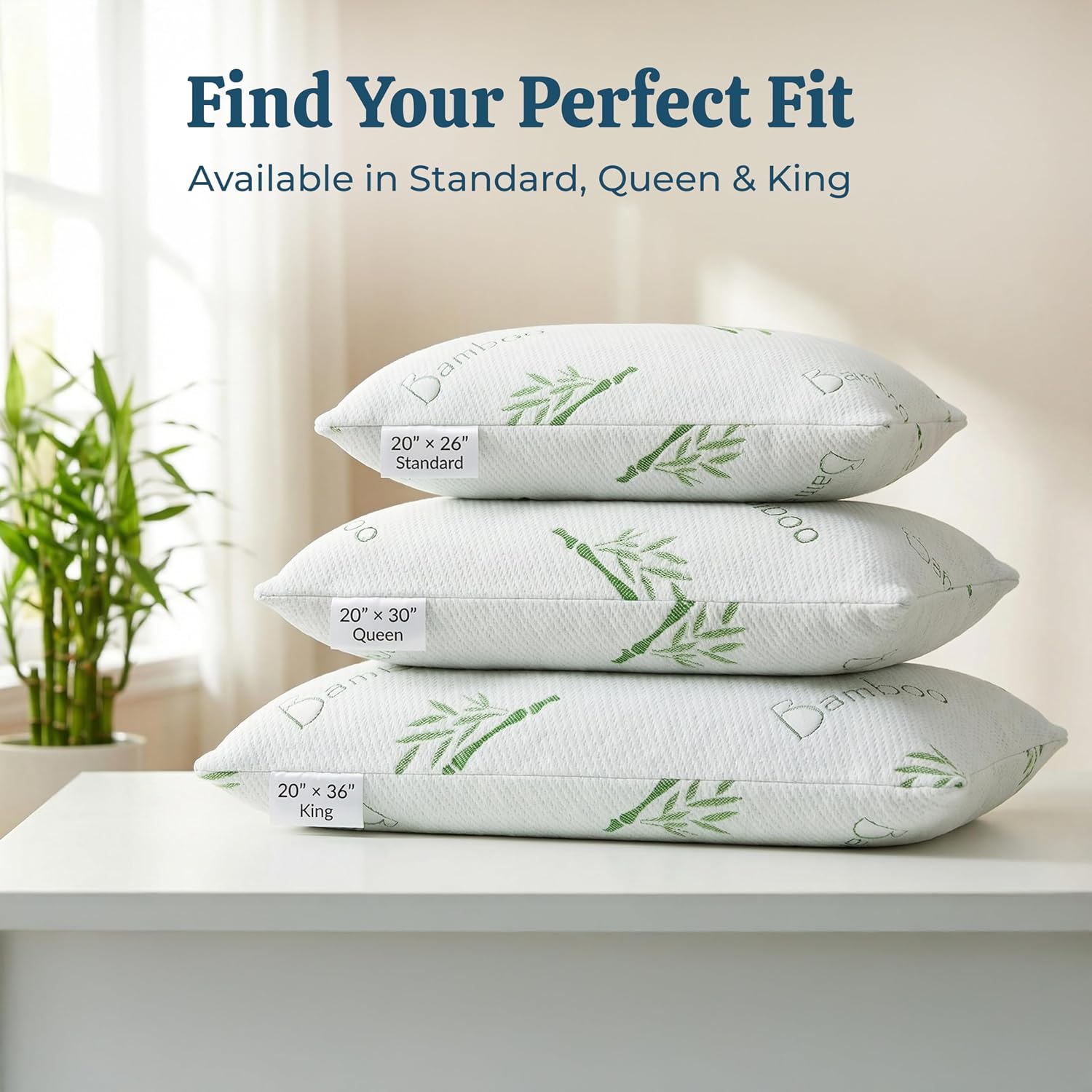 OMEO 2 Pack Standard Size Rayon Derived from Bamboo Pillow for Sleeping Shredded Memory Foam Bed Pillows for Side, Back and Stomach…