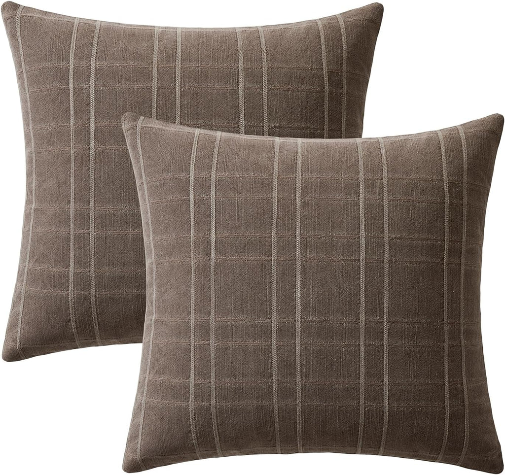Miulee Decorative Linen Check Throw Pillow Covers Neutral Farmhouse Vintage Pillow Covers 20x20 Set of 2 Boho Modern Winter Home Decor for…