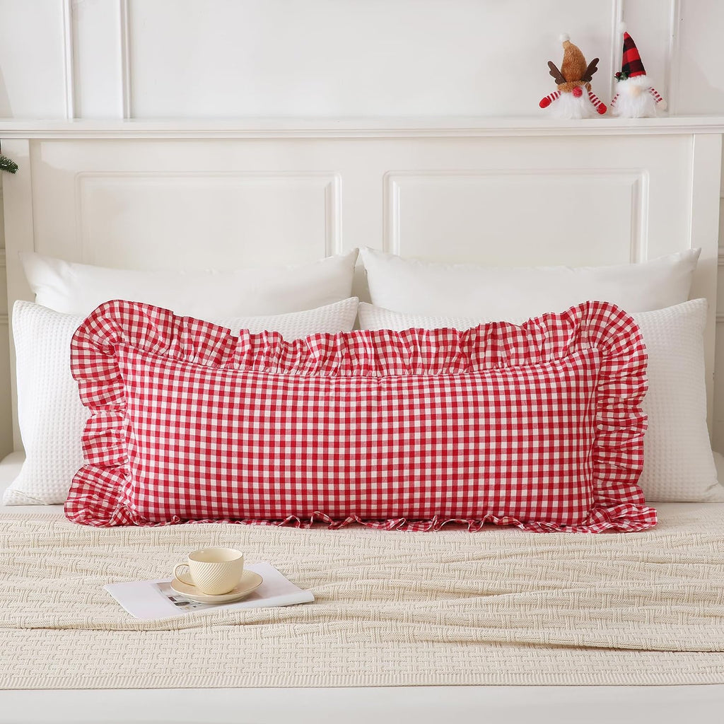 Qilunn 14x36 inches Red/White Plaid Ruffle Lumbar Gingham Pillow Sham 1 Piece, Pure Cotton Decor Pillowcase Farmhouse Pillow Cover for Bedd…